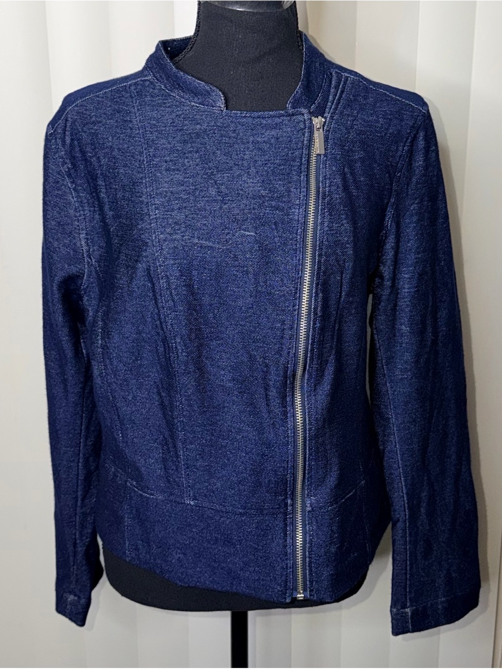 Liz Claiborne Women’s moto style Knit Jersey Full Zip Jacket Navy Blue Sz L EUC